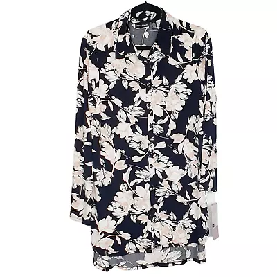 NEW Nina Leonard Miracle Matte Jersey Floral Tunic Button Down Long Sleeve Top L • $10.26