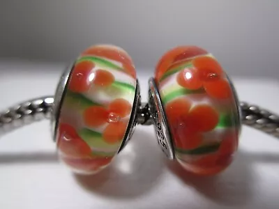 2 Red Hot Cherry Blossom Spring Garden Authentic Pandora Murano Glass Charm Bead • $15.50