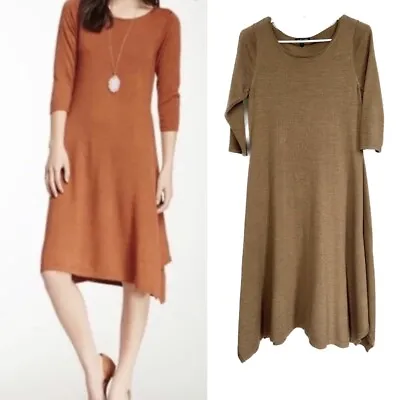 Eileen Fisher Merino Wool Brown Asymmetrical 3/4 Sleeve Knee Length Dress XS  • $65