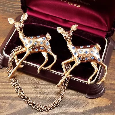 Vintage Jewelry Deer Fawn Duette Brooches With Chains Rare Unsigned Designer • $124.99