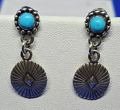 Vintage Navajo Native Sterling Silver Turquoise Peyote Bird Dangle Earrings • $25