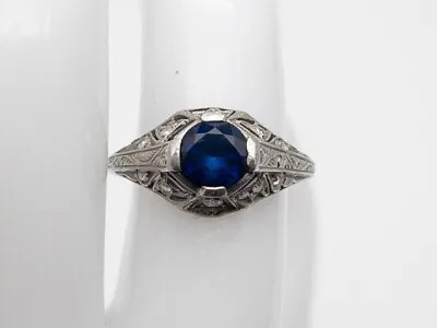 Antique 1920s $4000 1.25ct Ceylon Blue Sapphire Diamond Platinum Filigree Ring • $985