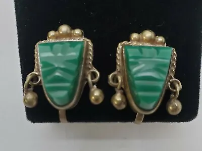 Vtg Sterling Silver Mexico Green Onyx Mid Century Mayan Face Screwback Earrings • $29.99