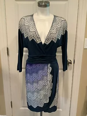 BCBG Max Azria Multicolor Geometric Patterned V-Neck Faux Wrap Dress Size Small • $33.38