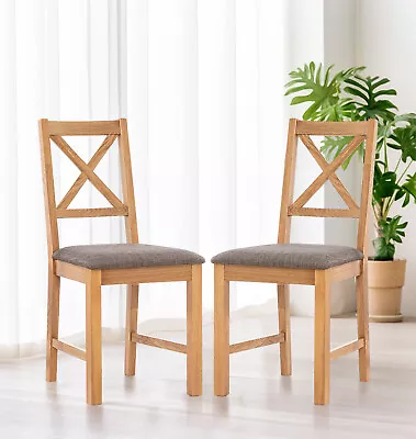 1 Pair Solid Oak Small Wooden Cross Back Dining Chairs - Grey Fabric Seat X 2 • £129.99