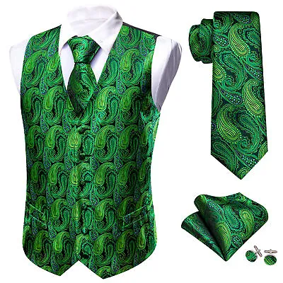 Barry Wang Mens Waistcoat Silk Paisley Floral Solid Vest Tie Set Wedding Vest • $24.99