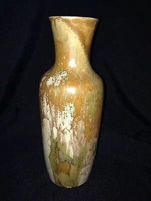 Green Brown Drip Ceramic Flower Vase Hand Thrown 11.5  Tall Unique • $9.25