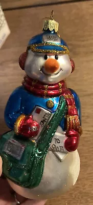 Vintage North Pole Snowman Mail Carrier GLASS ORNAMENT 1999 Christmas Hand Blown • $12.95