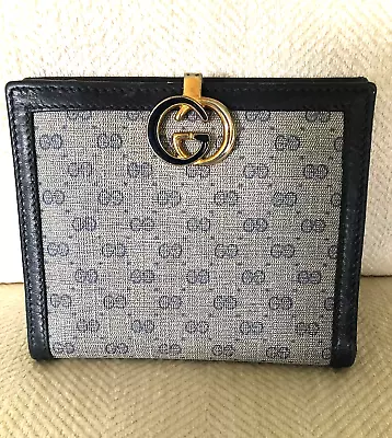 VTG Gucci Wallet Authentic GG Motif Deep Navy Leather & Cloth Estate Find • $157