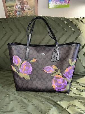Coach CL420 City Tote In Signature Canvas With Rose Print IN Brown Iris Multi • $149