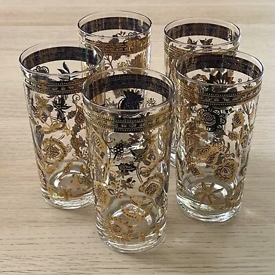 Set Of 4 VTG Culver Gold Chantilly Highball Collins Glasses MCM Barware 5.75” H • $40