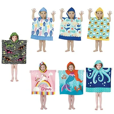 Kids Hooded Towel Poncho Beach Swimming Bath Boys Girls Fish Unicorn Dinosaur • £6.99