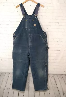 Vintage Carhartt Insulated R02 NVY Denim Bib Overalls Union Made In USA Sz 46x30 • $113.40