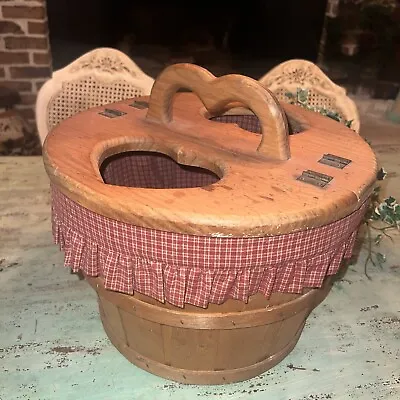 Vintage Bushel Basket Split Wood Lid Heart Lined Sewing Yarn Farmhouse Country • $47.99