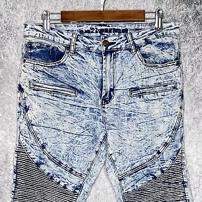 Rue21 Premium Mens Skinny MOTO Jeans 32 X 34 Supreme Flex Distressed Acid Wash • $13.50