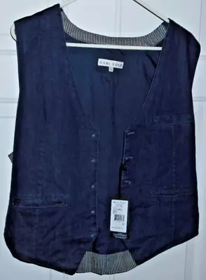 MARK ECKO MENS DENIM STYLE BUTTON VEST. STRIPED BACK W/ STRAP. SIZE LARGE. NWT. • $29.99