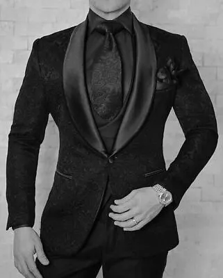 Men's Black Paisley Groom Tuxedos Shawl Lapel Groomsmen Wedding Prom Dinner Suit • $70.59