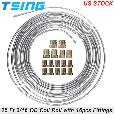 25 Ft Zinc Steel Brake Line Tubing Kit 3/16 OD Coil Roll With 16pcs Fittings • $16.99