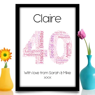 Personalised 40th Birthday Gift Idea Keepsake A4 Word Art Design Name & Message • £4.99