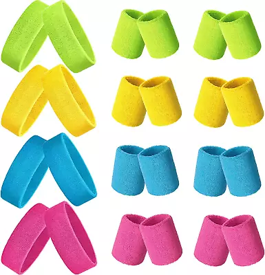 24 Pieces 80s Neon Sweatbands Set Include 8 Sports Headbands And 16 Sweat Sweat • £23.31