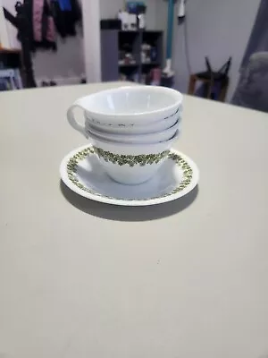 Set Of 4 Corning Ware Corelle Crazy Daisy Green Hook Handle Cups W/ Plate • $16.20