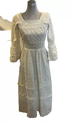 Vintage 70s Ivory Cotton Pleated Mexican Wedding Dress Lace Bell Sleeves 34'' • $194