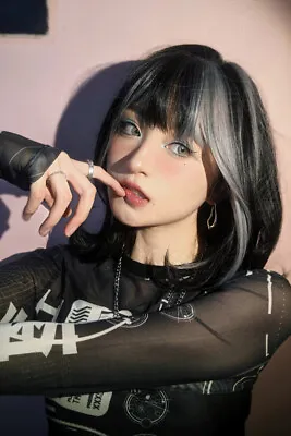 Harajuku Y2K Girl Lolita Wigs Short Hair Black Silver Highlights Cosplay Cool • $39.99