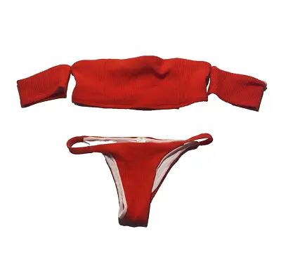 Zaful Swim Red Ribbed Off Shoulder Bikini Brazilian Bottoms Womens Size Medium 6 • $8.99