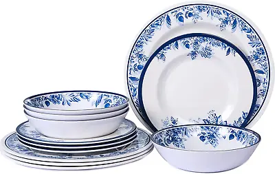 Melamine Dinnerware Sets-12Pcs Floral Dinnerware Set Service For 4Dishwasher Sa • £58.18