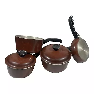 Set Of 4 Vintage Club Aluminum Cookware Pots & Pans 2 Lids Brown Slight Wear EUC • $40