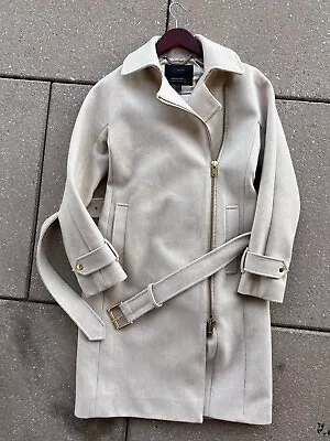 J.Crew Melton Wool Beige & Gold Belted Zip Up Trench Coat XS 0 #E4396 • $94.95