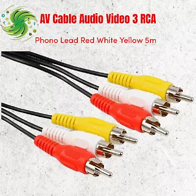 AV Cable Audio Video 3 RCA Phono Lead Red White Yellow Male To Male Composite 5m • £4.49