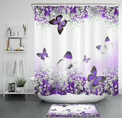 Romantic Purple Butterfly Plant Flower Shower Curtain Bathroom Accessories Set • $9.99