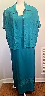 Vintage M.H.M Melissa Harper Jacket Dress Linen Blend Green Maxi Size 16 • $12.75