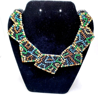 $13 • Buy Vtg Zara Black Metal Multicolor Rhinestones Abstract Design Statement Necklace