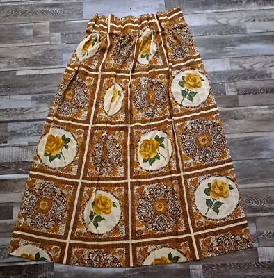 Vintage Pinch Pleated Curtain Panel 1970s Yellow Rose Brown Gold Medallion 24x47 • $29.98