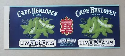 Old Vintage 1930's - CAPE HENLOPEN - Lima Beans - CAN LABEL - Baltimore MD.  • $9.99