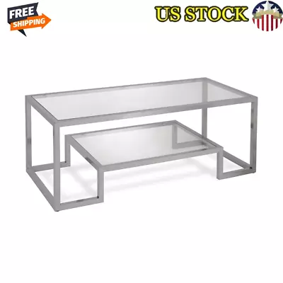 Tempered Glass Coffee Table W/Metallic Finish Lower Shelf Living Room Chic Deroc • $112.48