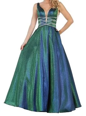 NWT Color Shift Green Blue Rhinestone Prom Pageant Shimmer Dress Ball Gown S • $79.99