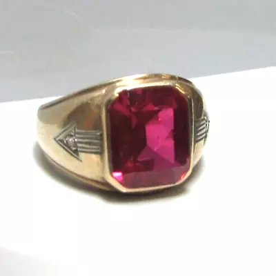 Vtg Men's Art Deco 10K Yellow W/White Gold Synthetic Ruby Diamond Ring Sz 10 • $499.99