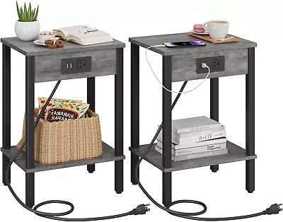 Modern End Table Set W/ Charging Station Storage Shelf Living Room Side Table • $70.59