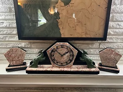 Art Deco Marble Mantel Clock W/Garniture Pink & Black 1920s-30s Large 25 Lbs • $599