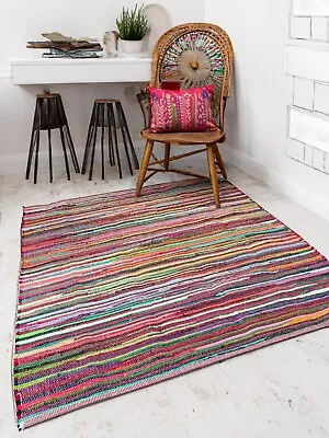 Rag Rug Rainbow Rugs Multi Colour Chindi Floor Mat Striped Mats Recycled Carpet • £17