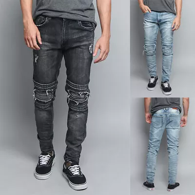 Victorious Men's Casual Studded Stacked Moto Panels Biker Denim Jeans DL1173 • $29.99