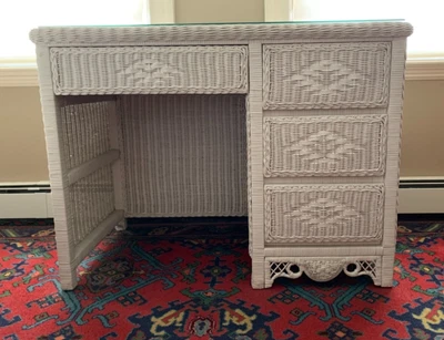 $250 • Buy White Wicker Desk Custom Fitted Glass Top
