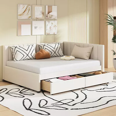 Full Size Daybed Upholstered Bed Frame Sofa Bed With 2 Storage Drawers Beige US • $415.99