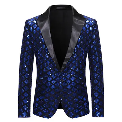 Mens Blazer Dinner Party Prom Dress Jacket Outwear Top Shiny Rhombic Sequin Suit • $36.59