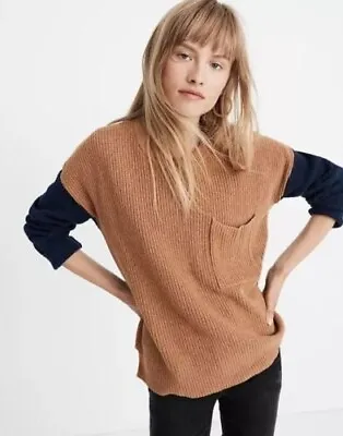 Madewell Thompson Pocket Pullover Colorblock Sweater Heather Timber 2XS $75 • $18.75