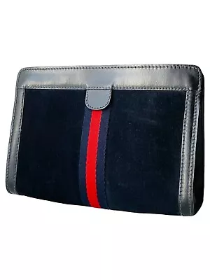 GUCCI Vintage Sherry Suede Leather Black Medium Clutch Bag • $274.99