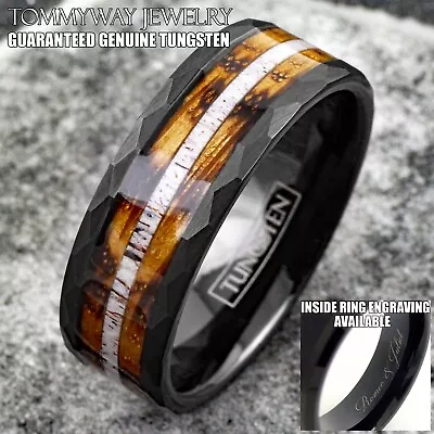 Personalized Black Tungsten Carbide Ring Deer Antler Charred Whiskey Barrel Band • $21.99